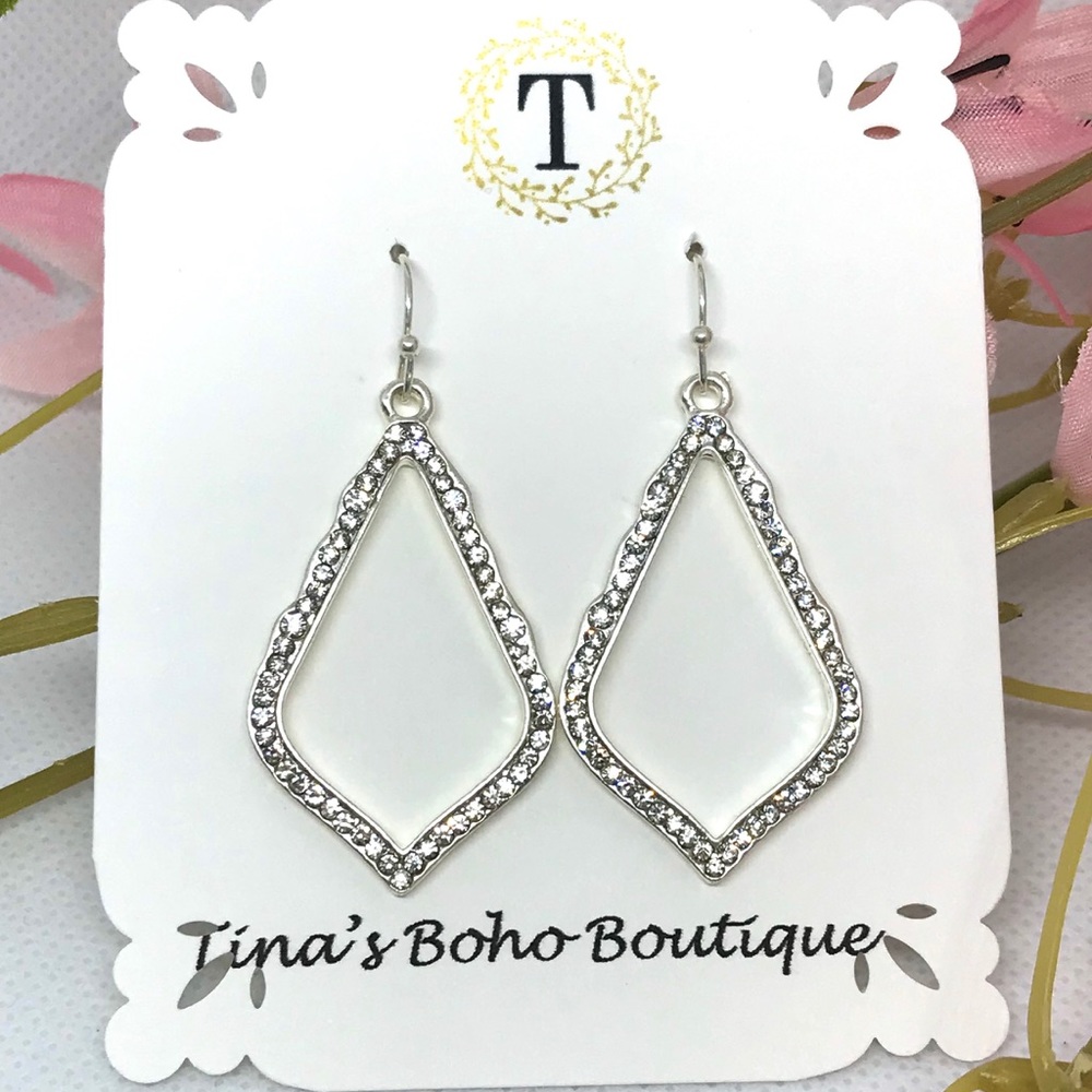 NEW 🌸 Rhinestone teardrop earrings silver - Picture 1 of 5